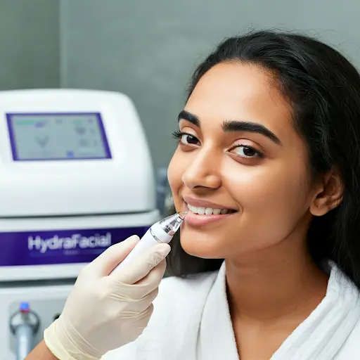 Young woman receiving a relaxing facial treatment with a green mask applied, highlighting skincare and rejuvenation in a spa-like setting.