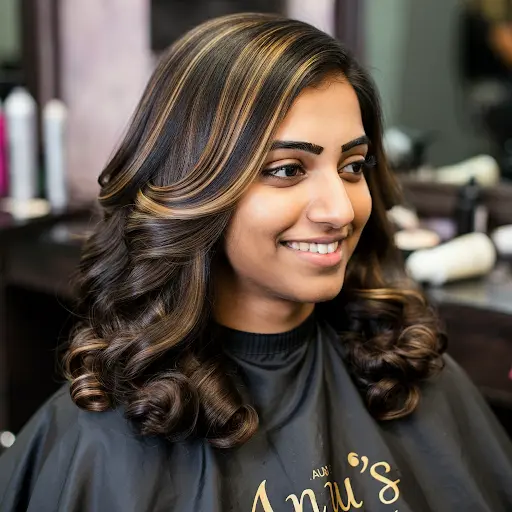 Hairdresser styling a young woman's hair in a professional salon, emphasizing precision haircutting and modern hair care services.