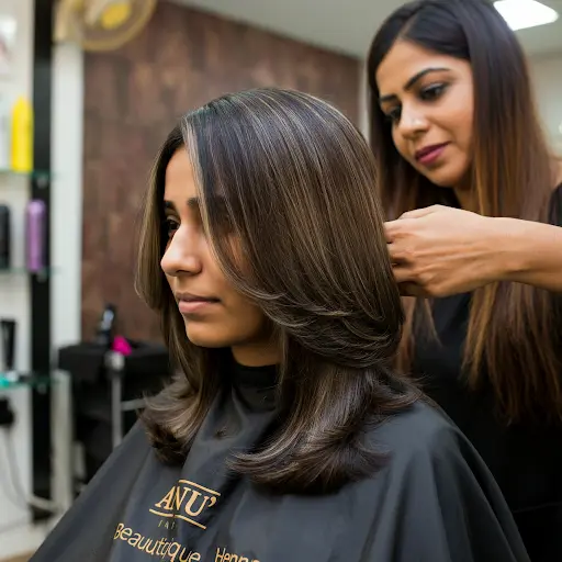 Professional hair services at Anu's Beautique, including women’s layer cuts, men’s haircuts, kids’ haircuts, organic coloring, henna, and hair treatments.