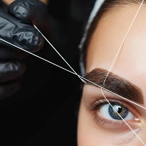 Close-up of an eyebrow threading session, showcasing precise threading technique on a young woman in a beauty salon, emphasizing professional beauty care.