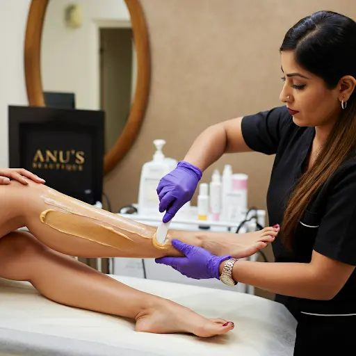 Esthetician performing a professional waxing treatment on a smiling young woman in a modern salon, showcasing advanced beauty services.